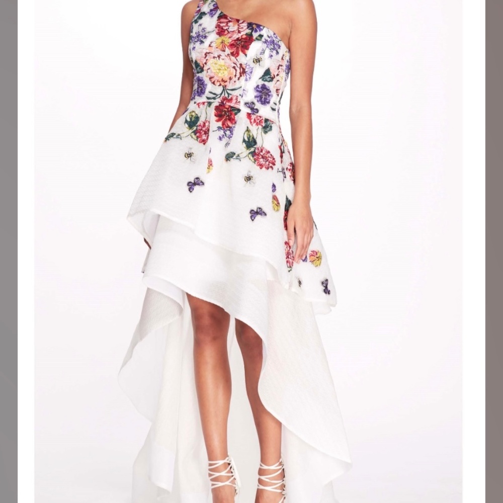 Marchesa Notte one shoulder, high-low embroidered gown